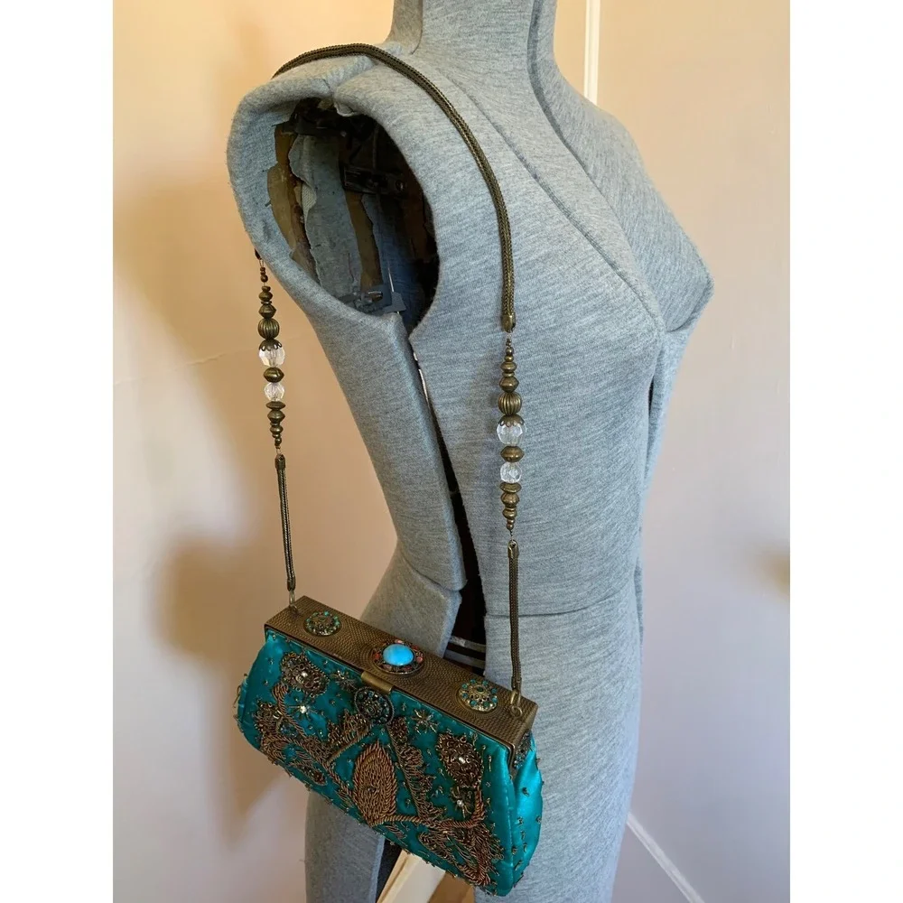 Vintage Blue Beaded Evening Bag Handbag Turquoise Goldwork Embroidery Fair